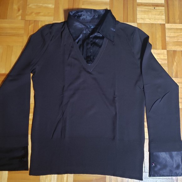 Brown Anne Klein Sweater with silky collar and cuffs - Picture 2 of 6